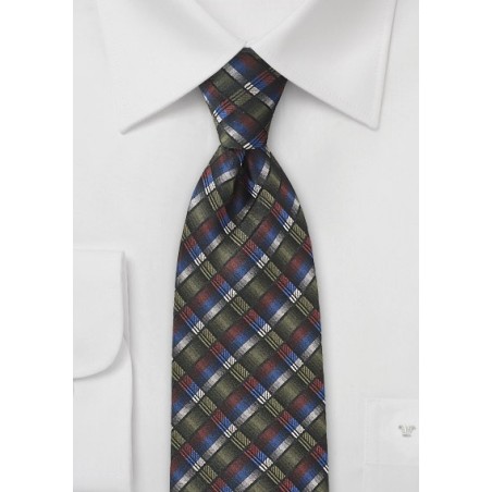 Contemporary Plaid Tie in Olive Green
