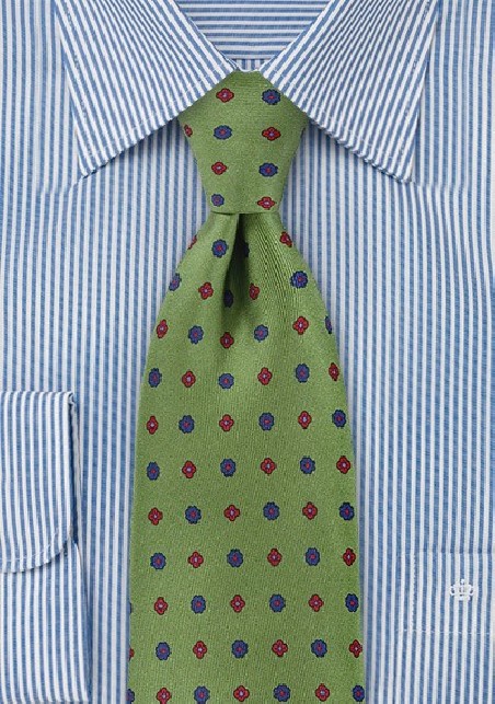 Retro Floral Grid Tie in Olive Green
