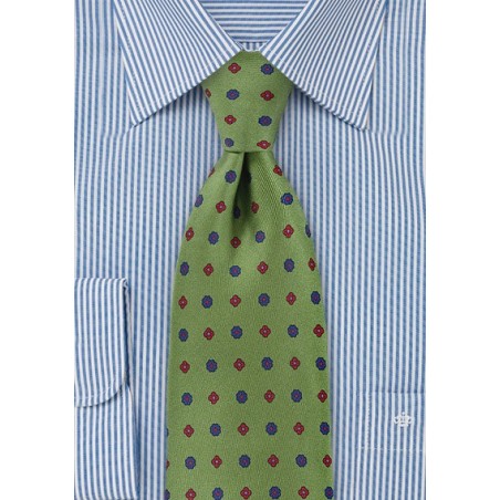 Retro Floral Grid Tie in Olive Green