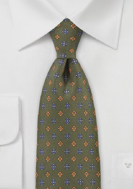 Olive Green Tie with Blue and Orange Accents