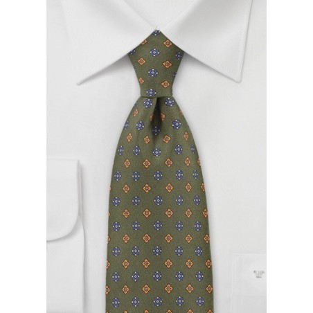 Olive Green Tie with Blue and Orange Accents