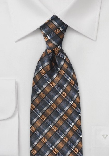 Graphic Plaid Tie in Blues and Bronzes