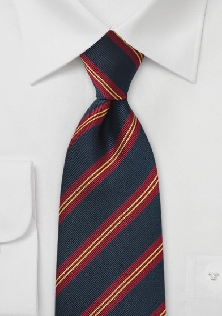 XL British Regimental Striped Necktie in Navy Blue, Gold, and Red