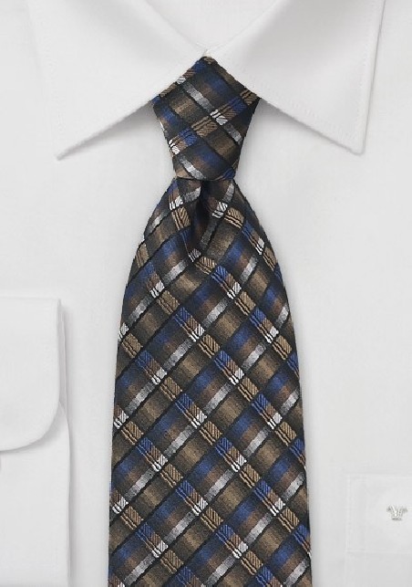 Modern Grid Patterned Tie in Gold, Blue and Black