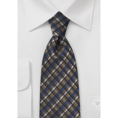Modern Grid Patterned Tie in Gold, Blue and Black
