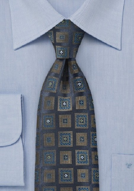 Ornate Square Patterned Tie in Navy Blue