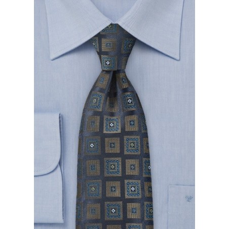 Ornate Square Patterned Tie in Navy Blue