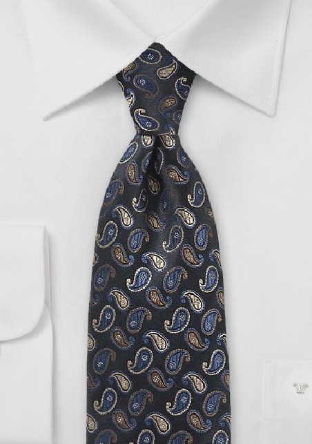 Mini Paisleys Tie  in Black With Blue Accents