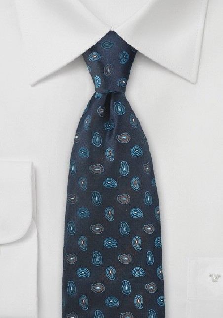 Mens Navy Tie with Teal Paisleys