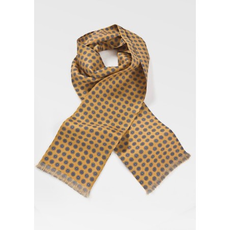 Mens Patterned Silk Scarf in Golds and Blues