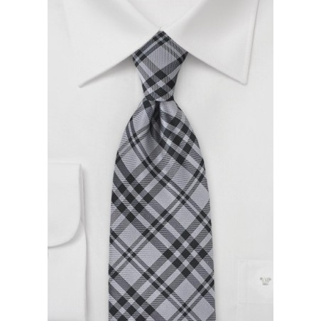 XL Length Plaid Tie in Black and Charcoal