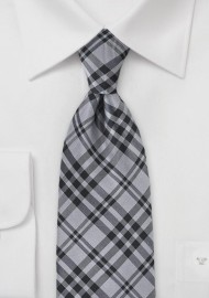 XL Length Plaid Tie in Black and Charcoal