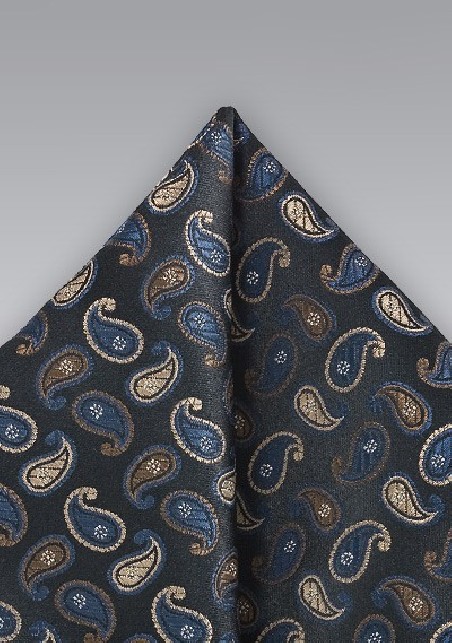 Small Paisley Patterned Pocket Square in Black and Blue