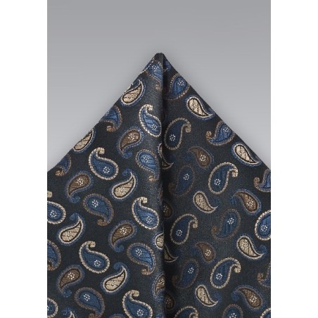 Small Paisley Patterned Pocket Square in Black and Blue
