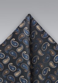 Small Paisley Patterned Pocket Square in Black and Blue