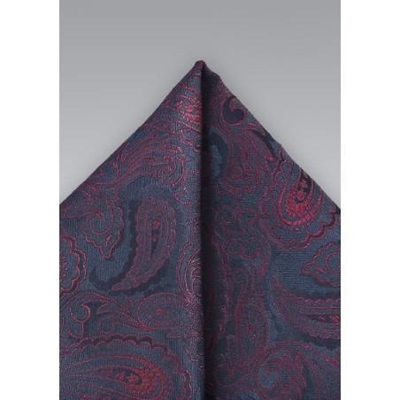 Regal Paisley Pocket Square in Navy and Ruby