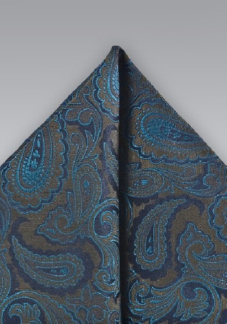 Ornate Paisley Pocket Square in Teals and Olives