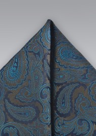 Ornate Paisley Pocket Square in Teals and Olives