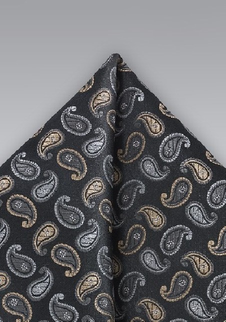 Handwoven Pocket Square in Blacks, Silvers and Golds