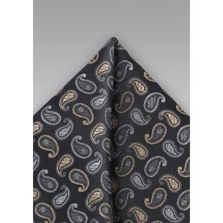 Handwoven Pocket Square in Blacks, Silvers and Golds