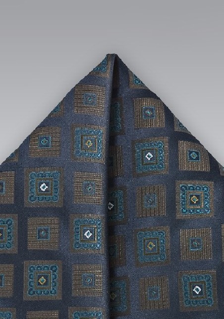 Diamond Patterned Pocket Square in Navy Blues and Olives