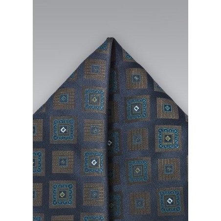 Diamond Patterned Pocket Square in Navy Blues and Olives
