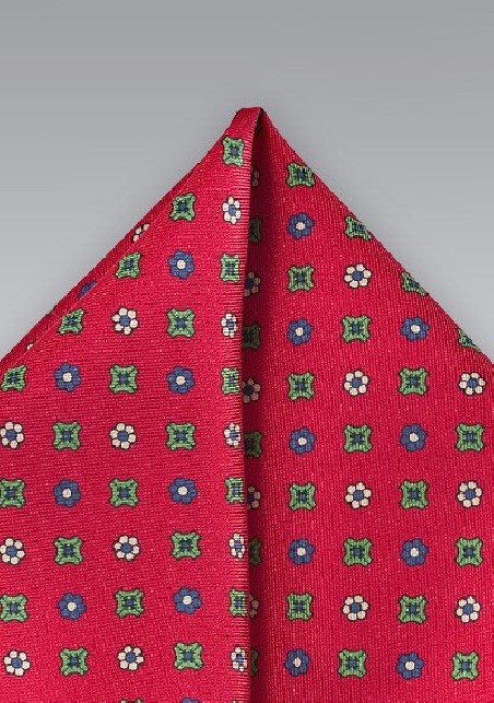 Geomtric Floral Pocket Square in Red
