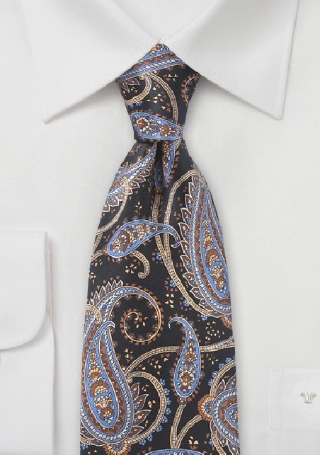 Modern Paisley Necktie in Blacks and Blues