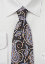 Modern Paisley Necktie in Blacks and Blues