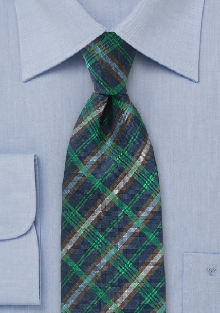 Modern Plaid Tie in Navy and Greens