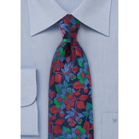 Embroidered Floral Tie in Navy and Red