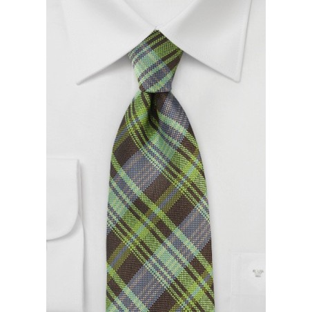 Modern Plaid Tie in Greens and Browns