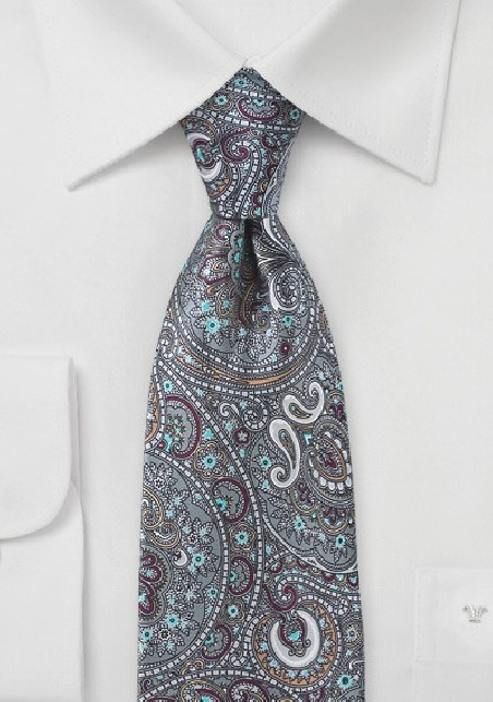 Moroccan Paisley Tie in Silvers and Burgundies
