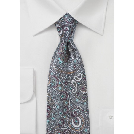 Moroccan Paisley Tie in Silvers and Burgundies