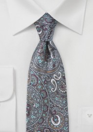 Moroccan Paisley Tie in Silvers and Burgundies