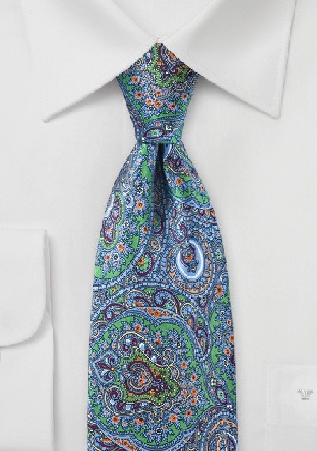 Mens Moroccan Paisley Tie  in Blues and Greens