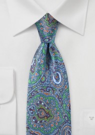 Mens Moroccan Paisley Tie  in Blues and Greens