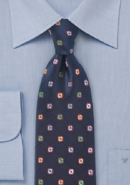 Dark Navy Silk Tie with Woven Flowers