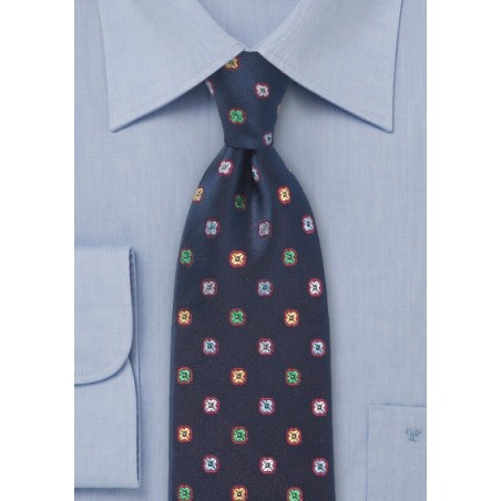 Dark Navy Silk Tie with Woven Flowers
