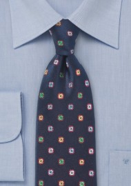 Dark Navy Silk Tie with Woven Flowers