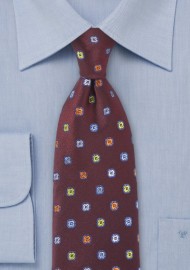 Cranberry Color Silk Tie with Colorful Flower Accents