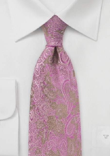 Gold and Fuchsia Silk Tie with Paisley and Floral Design