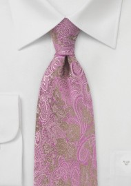 Gold and Fuchsia Silk Tie with Paisley and Floral Design