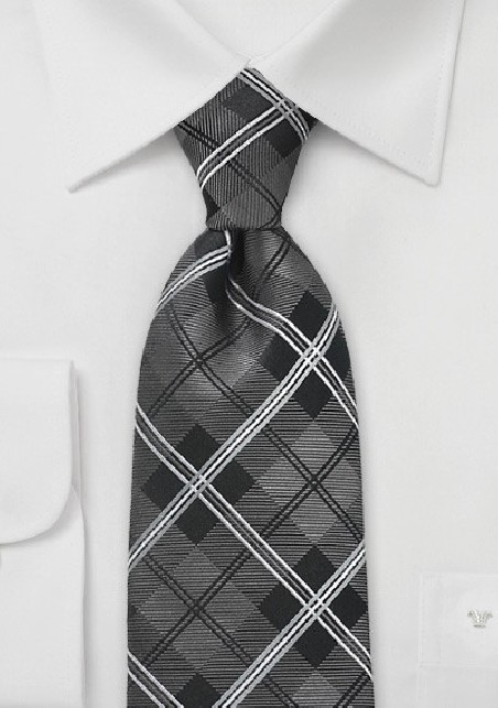 Modern Tartan Check Tie in Black and Gray