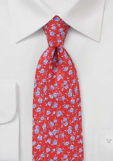 Coral Red and Sky Blue Floral Tie