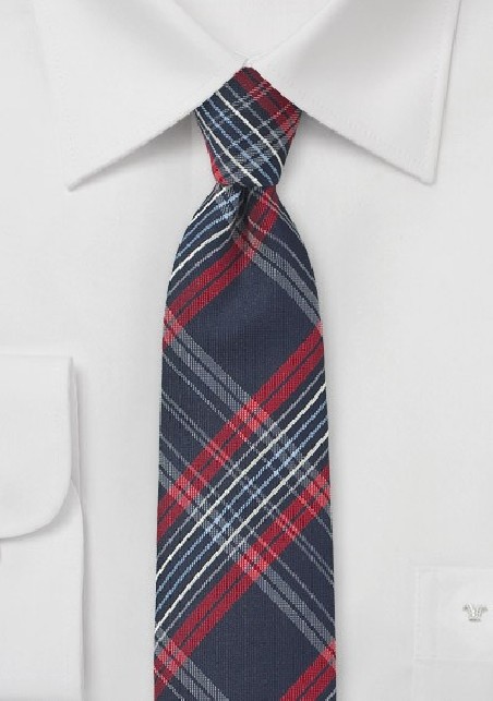 Tartan Check Skinny Tie in Navy and Red