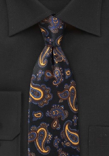 Elegant Paisley Tie in Blacks, Blues and Golds