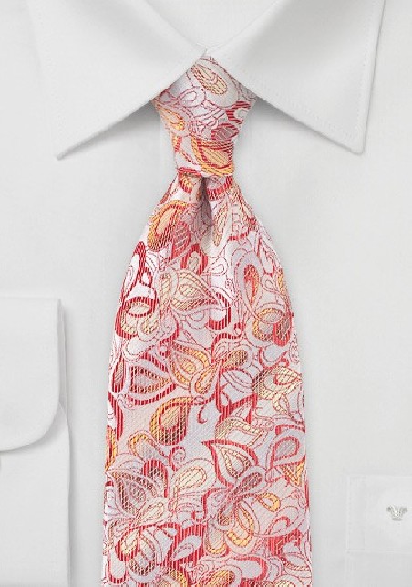 Embroidered Floral Tie in Reds and Silvers