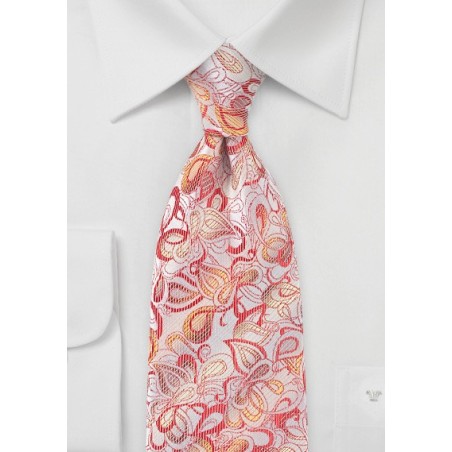 Embroidered Floral Tie in Reds and Silvers