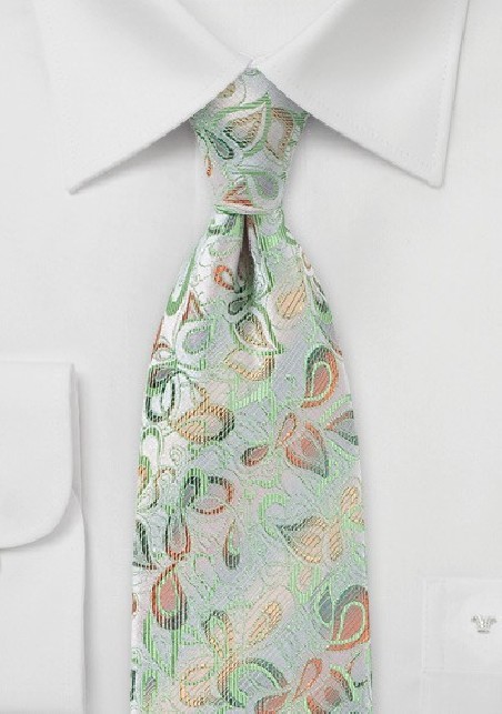 Modern Floral Tie in Silvers, Greens and Yellows